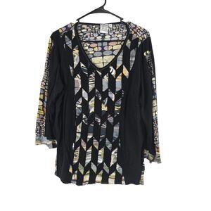 Parsley & Sage Geometric Artsy Top XL Womens Lagen Look Art Deco Long Sleeve